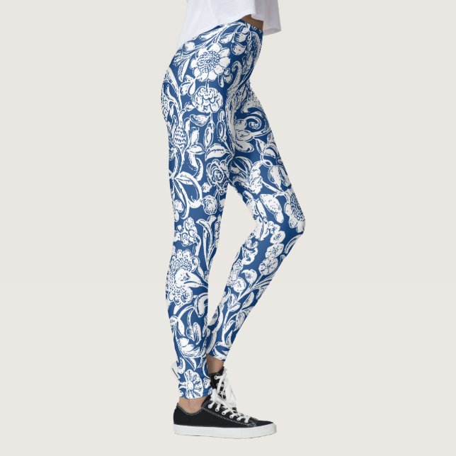 Vit Blommigt mot blått Leggings (Höger)