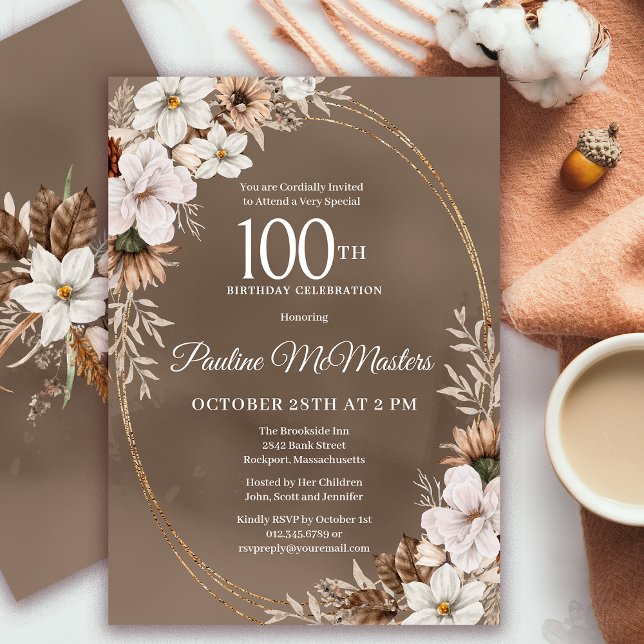 Vit Blommigt Neutralt Fall Bouquet 100 födelsedaga Inbjudningar (Need a matching Fall Welcome Sign? Message me! Party supplies available too!)