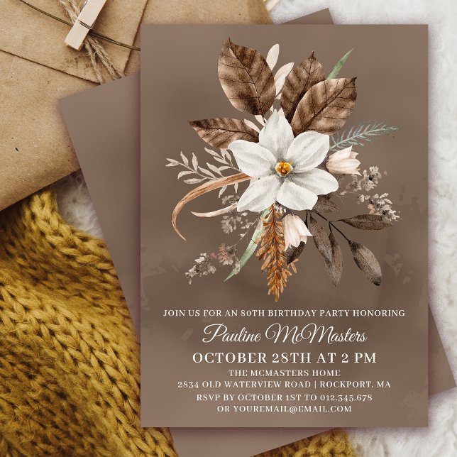 Vit Blommigt Neutralt Fall Bouquet 80:e födelsedag Inbjudningar (Need a matching fall Welcome Sign? Message me!)