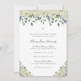 Vit Blommigt och Greenery Photo Baptism Inbjudningar