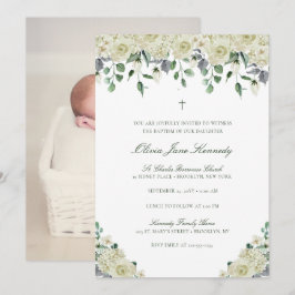 Vit Blommigt och Greenery Photo Baptism Inbjudningar