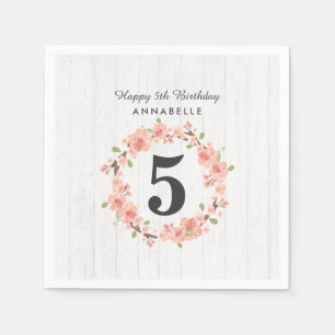 Vit Blommigt och persikokrans Grattis på födelseda Pappersservett