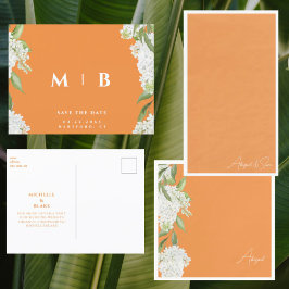 Vit Blommigt Orange Monogram Bröllop Spara Datum f Vykort