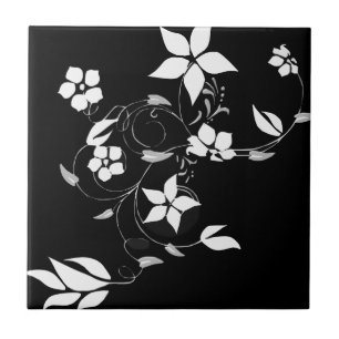 Vit Blommigt på svart Kakelplatta