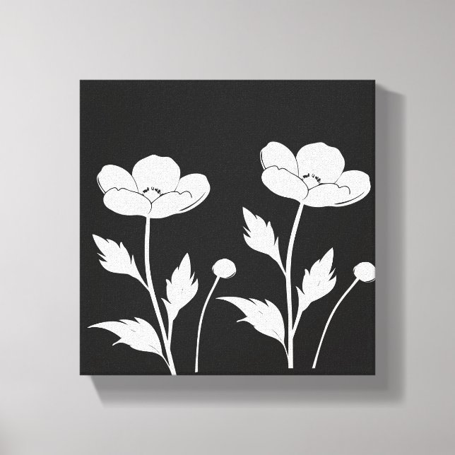 Vit Blommigt på svart väggkonst | Minimalist Boho  Canvastryck (Framsida)