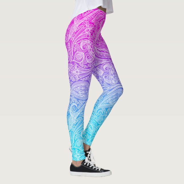 Vit blommigt paisley på rosa till blå ombre leggings (Höger)