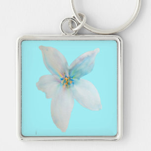 Vit blommigt, pastellblomma, vattenfärg fyrkantig silverfärgad nyckelring