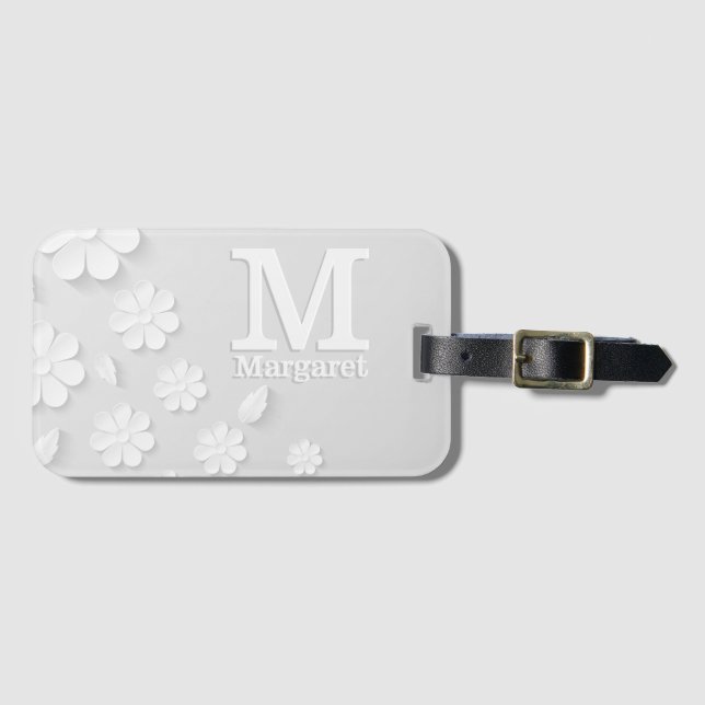 Vit blommigt präglad namn initialer personlig bagagebricka (Framsida horisontal)