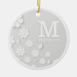 Vit blommigt präglad namn initialer personlig julgransprydnad keramik