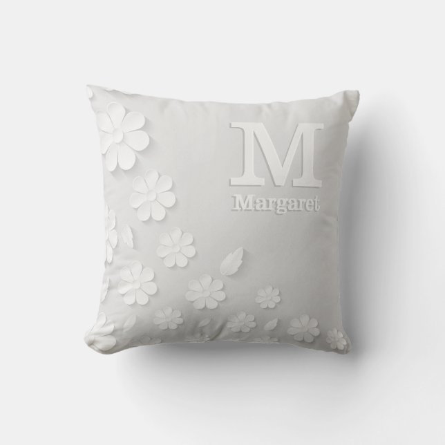 Vit blommigt präglad namn initialer personlig kudde (Framsida)