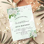 Vit blommigt silver greenery födelsedaglyx inbjudningar<br><div class="desc">En modern,  snyggt och glamorös inbjudan till en kvinnas 40:e (eller någon ålder) födelsedagsfest. En vattenfärgad grönt med faux silver glitter damm,  vita blommigtar och grönenergi. Namn är skrivet med ett modernt skript för svart hand skrivet stil. Anpassa och lägg till information om namn,  ålder och party</div>