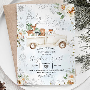 Vit Blommigt Silver Snowflake Lastbil Baby Shower Inbjudningar