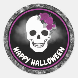Vit Blommigt Skull & Black Glitter Halloween Runt Klistermärke