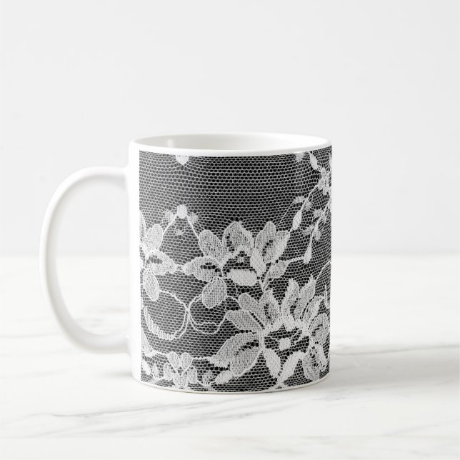 Vit blommigt snöre: svart bakgrund. kaffemugg (Vänster)