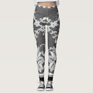 Vit blommigt snöre: svart bakgrund. leggings