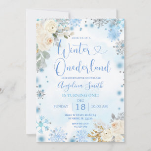 Vit Blommigt Snowflake Winter Onederland Birthday Inbjudningar