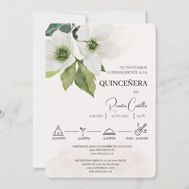 Vit Blommigt Spansk quinceañera-inbjudan Inbjudningar (Framsida)