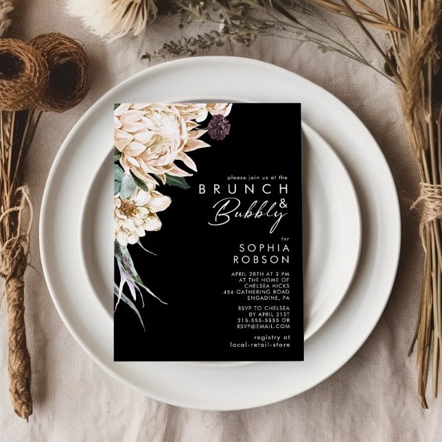 Vit Blommigt | Svart Brunch och Bubly Inbjudningar (Skapare uppladdad)