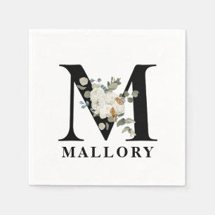 Vit Blommigt svart monogram M Pappersservett