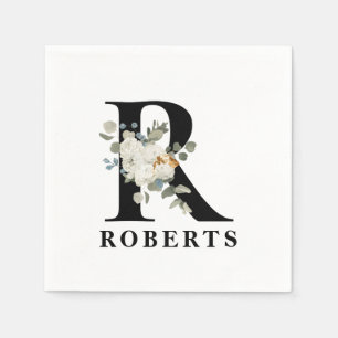 Vit Blommigt svart monogram R Pappersservett