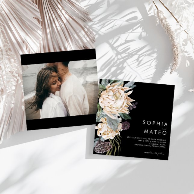 Vit Blommigt | Svartfoto-kvadrat Bröllop Inbjudningar (Skapare uppladdad)