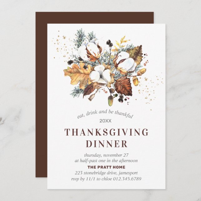 Vit Blommigt, Thanksgiving, middag Inbjudningar (Fram/baksida)