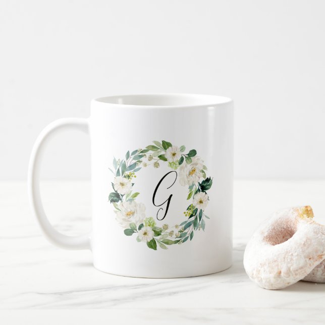 Vit Blommigt Utandning Monogram Kaffemugg (Med munk)