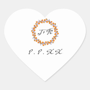 Vit Blommigt Utandningsblått Orange Guld Monogram Hjärtformat Klistermärke