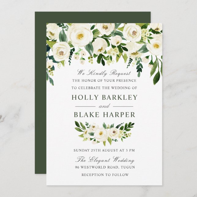 Vit Blommigt VattenfärgsElegant Greenery Bröllop Inbjudningar (Fram/baksida)