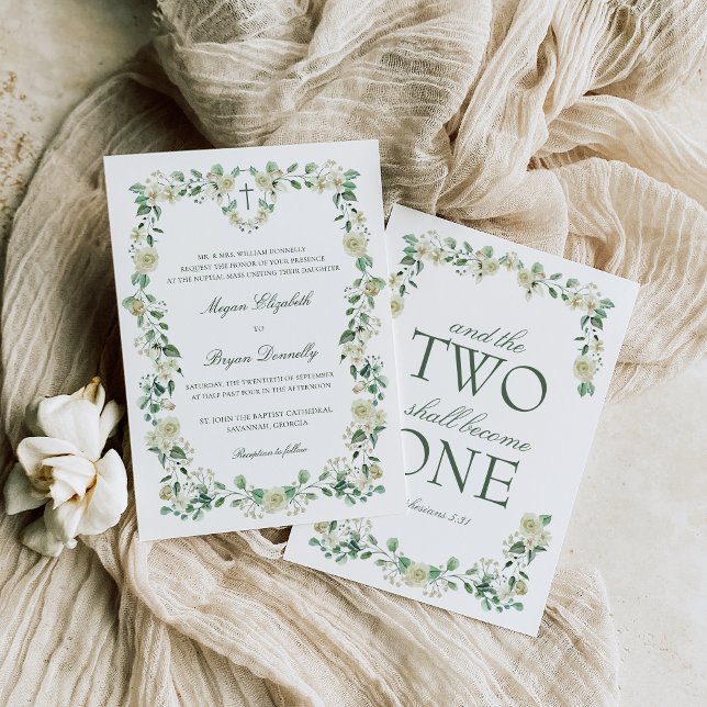 Vit Blommigt Vattenfärgsfärgad Vapensköld katolisk Inbjudningar (Dainty Catholic wedding invitation with white flowers and greenery and Bible verse)