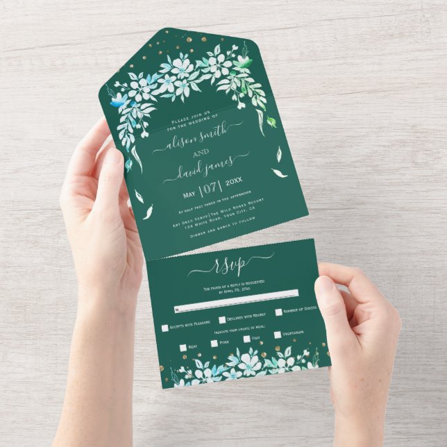 Vit blommigt, vintergrön grönt bröllop (Avrivbar del)