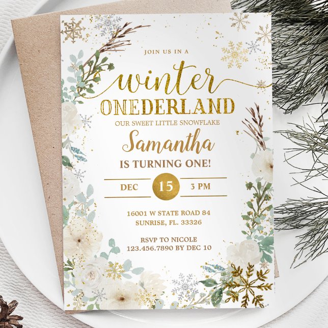 Vit Blommigt Winter Onderland 1:a födelsedag Inbjudningar (Skapare uppladdad)