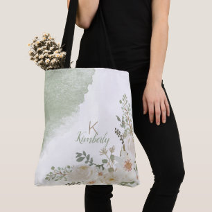 Vit blomster elegant initial namn monogram tygkasse