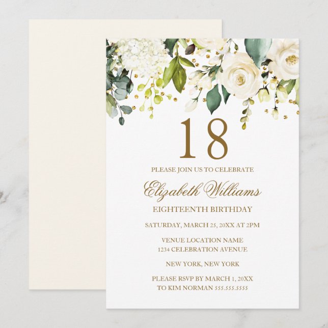 Vit blomster gul konfetti 18-årsfest inbjudningar (Fram/baksida)
