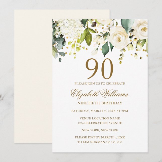Vit blomster gul konfetti 90-årsfirande inbjudningar (Fram/baksida)