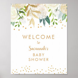 Vit blomster guldbabyshower välkomstskylt poster
