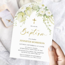 Vit blomster- och guldkors kristen dopbågsdekor