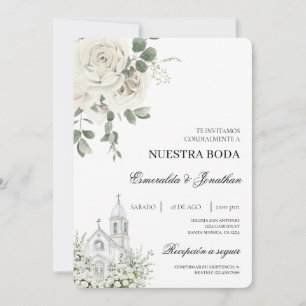 Vit blomster spansk kyrka Bröllopsinbjudan Inbjudningar