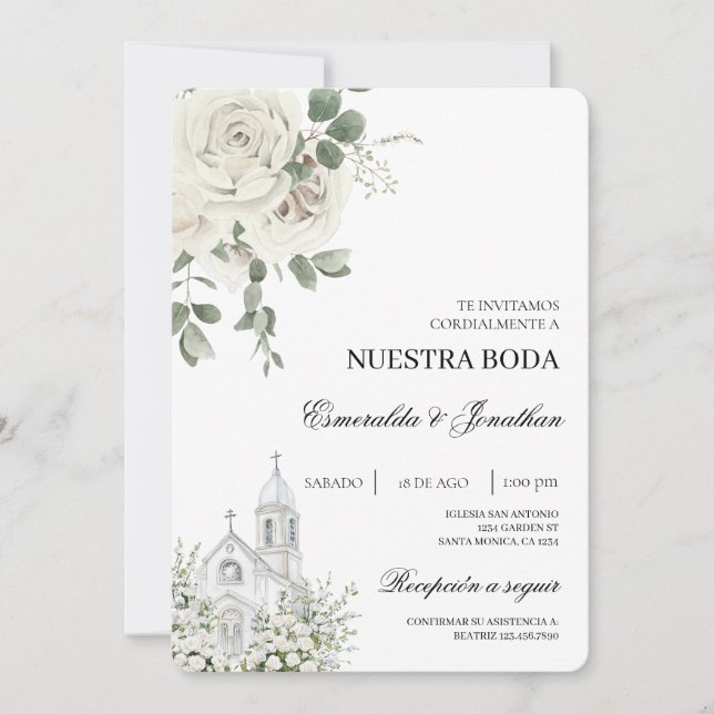 Vit blomster spansk kyrka Bröllopsinbjudan Inbjudningar (Framsida)
