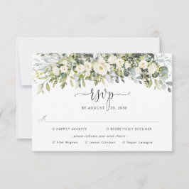 Vit blomsterbröllop med måltidsval RSVP OSA Kort