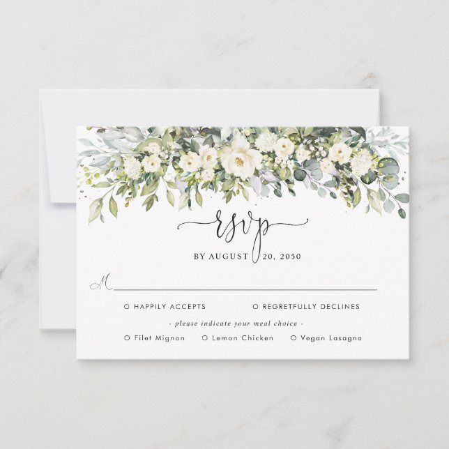 Vit blomsterbröllop med måltidsval RSVP OSA Kort (Framsida)