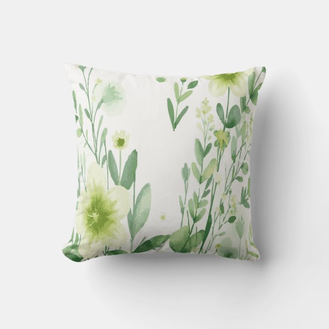 Vit blomsterdesign med grönt botaniskt mönster kudde (Framsida)