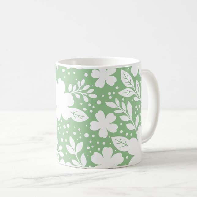Vit blomsterdesign på mjuk grön bakgrund kaffemugg (Framsida höger)