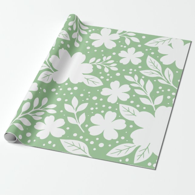 Vit blomsterdesign på mjuk grön bakgrund presentpapper (Utrullad)