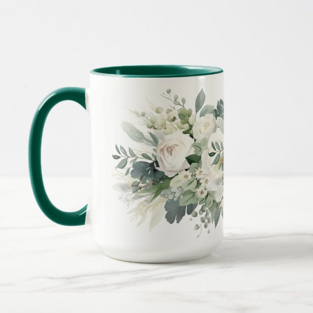 Vit blomstergrönska botanisk akvarell mugg (Vänster)