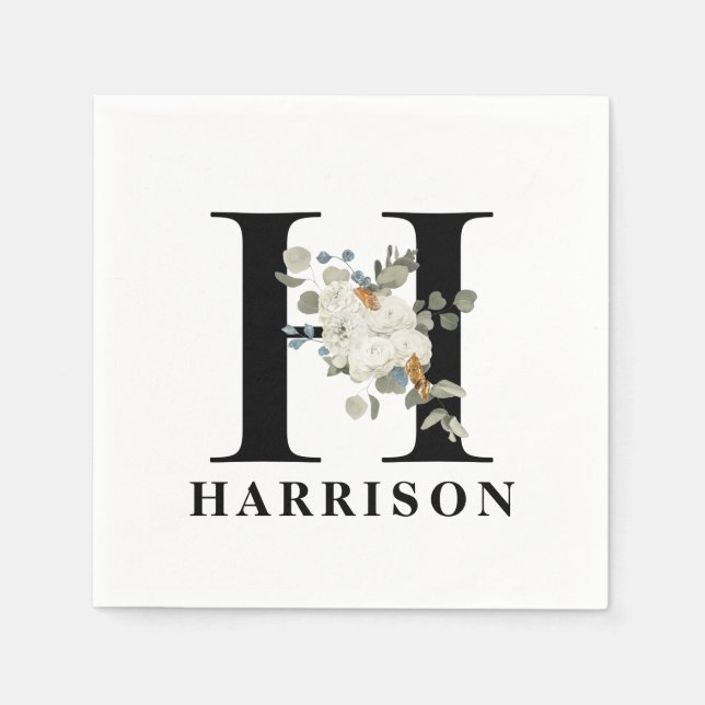 Vit blomstergurka svart monogram H Pappersservett (Framsidan)