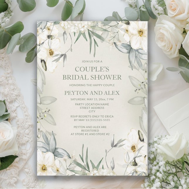 Vit blomsterkrans Salvia Grön Bröllopsfest för par Inbjudningar (White flowers and sage green leaves couple's bridal shower invitation)