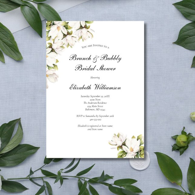 Vit blomsterlig magnolia bröllopsbrunch Bubbly Sho Inbjudningar (White Magnolia Floral Elegant Bridal Shower invitation, Printed or Instant digital download)