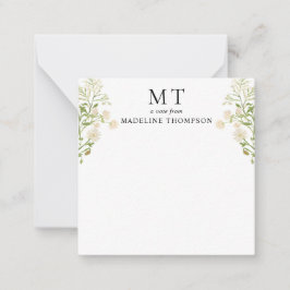 Vit blomsterlig vildblomma klassisk monogram fyrka anteckningskort