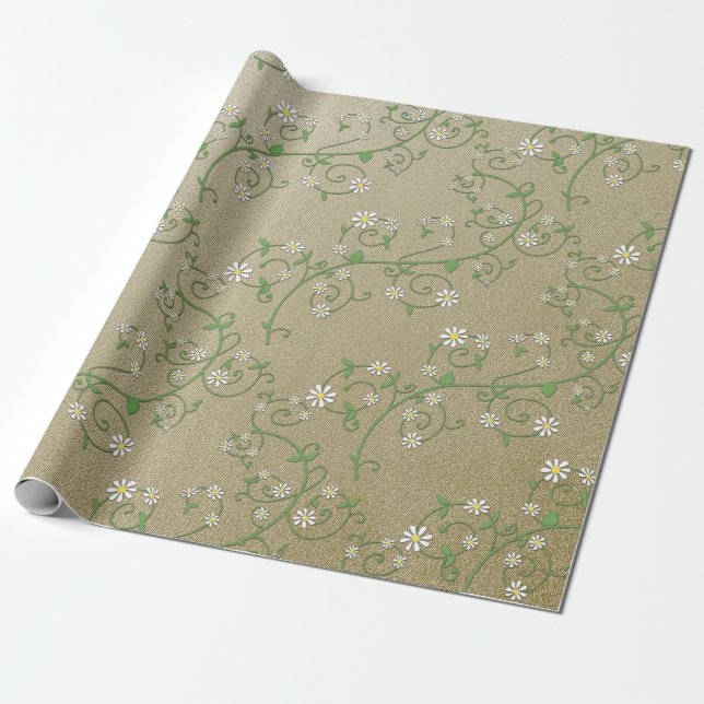 Vit blomsterlig vind på guldinslaget papper presentpapper (Utrullad)